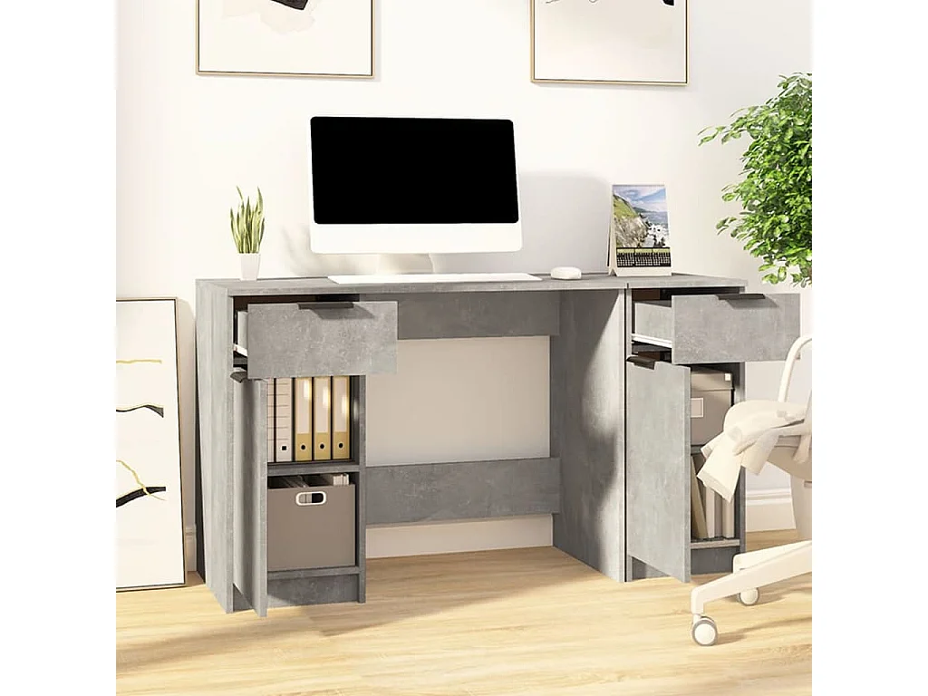 Bureau avec armoire latérale Gris béton Bois d'ingénierie