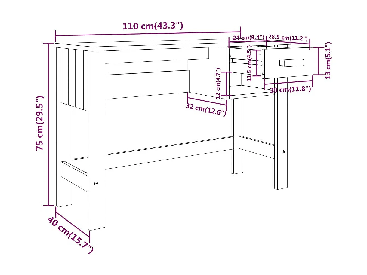 Bureau HAMAR Marron miel 110x40x75 cm Bois massif de pin