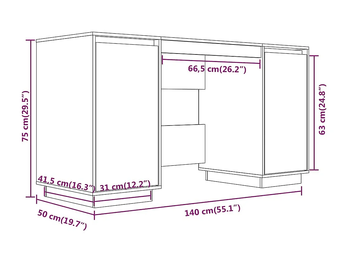 Secretária 140x50x75 cm madeira de pinho maciça preto