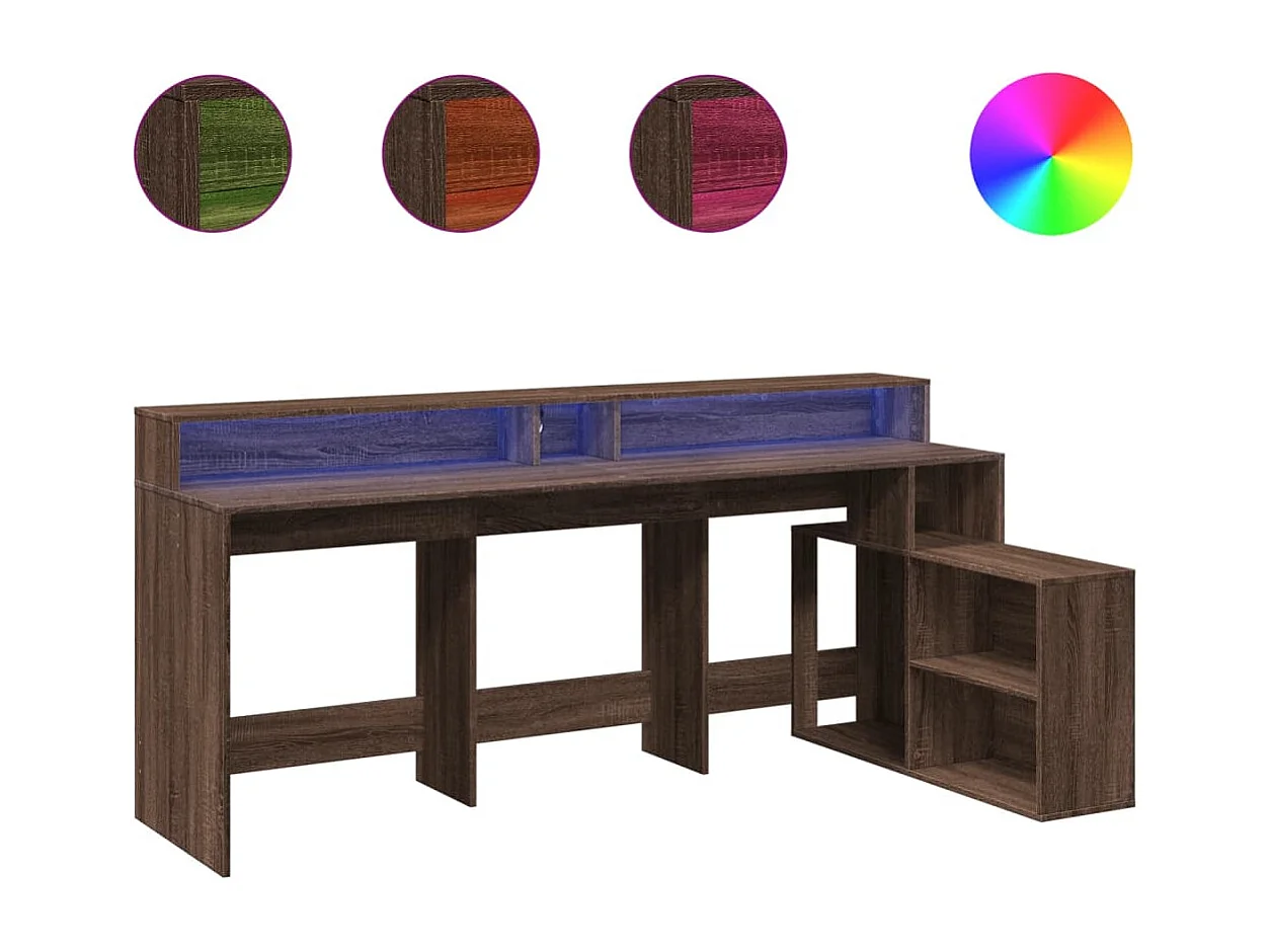 Bureau et lumières LED chêne marron bois d'ingénierie