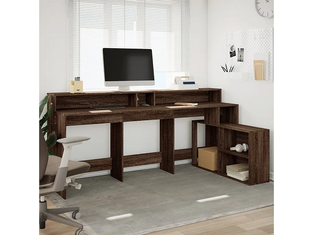 Bureau et lumières LED chêne marron bois d'ingénierie
