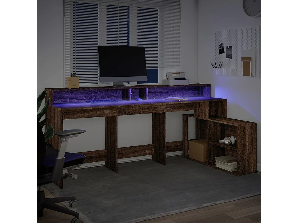 Bureau et lumières LED chêne marron bois d'ingénierie