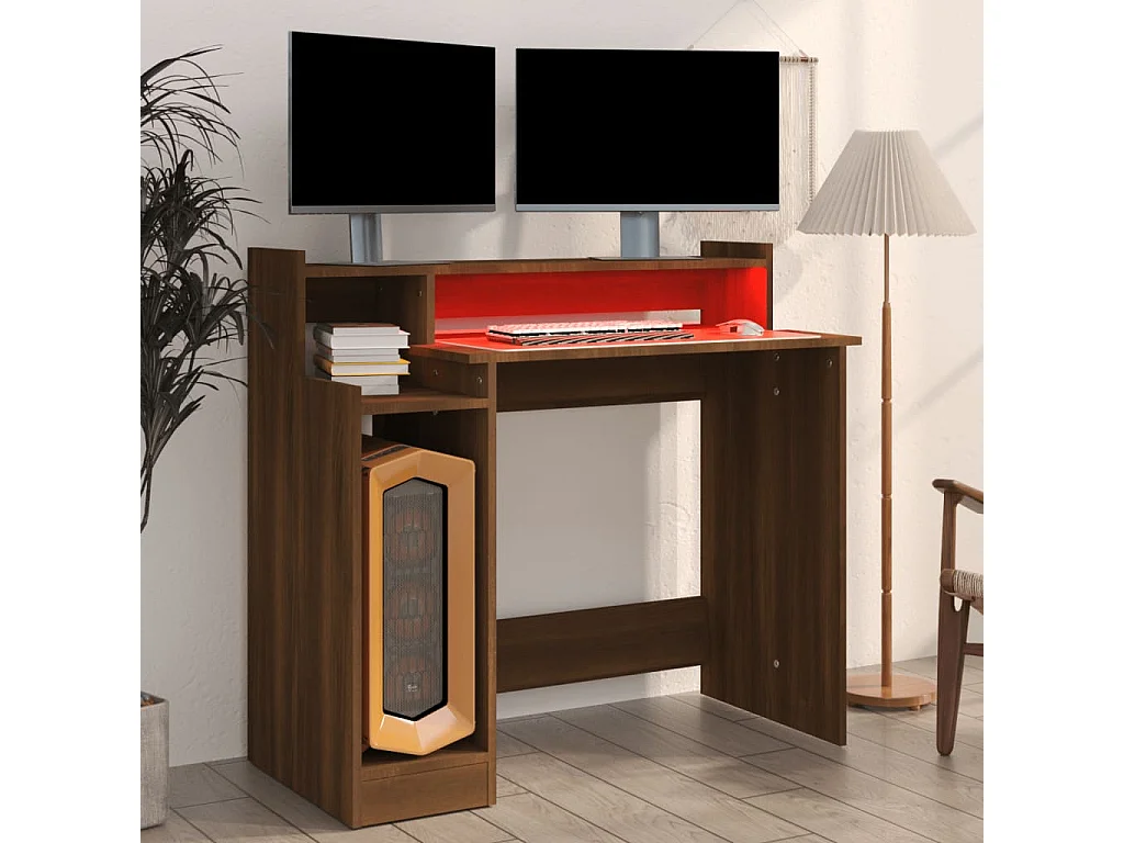 Scrivania con Luci LED Marrone Rovere 97x45x90cm in Multistrato