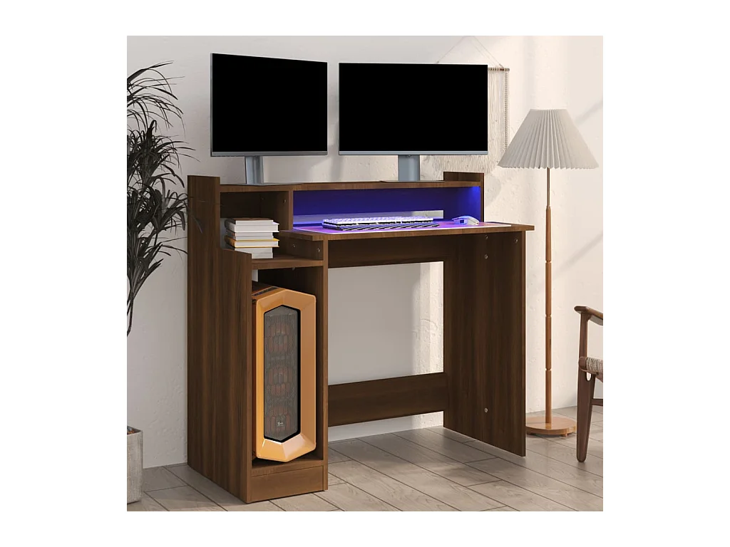 Bureau et lumières LED Chêne brun 97x45x90 cm Bois d'ingénierie