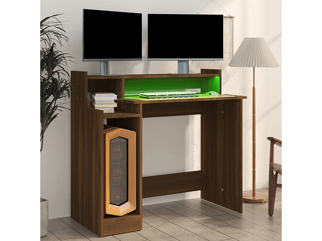 Bureau et lumières LED Chêne brun 97x45x90 cm Bois d'ingénierie