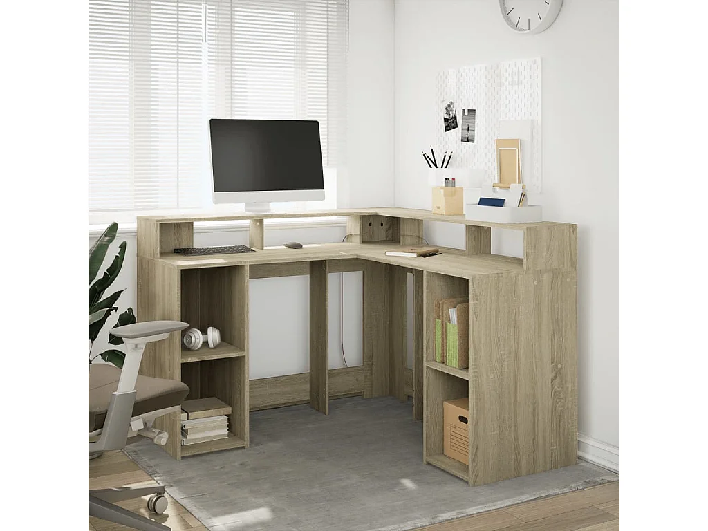 Bureau avec lumières LED chêne sonoma bois d'ingénierie