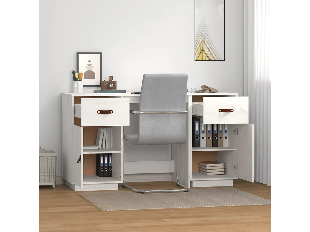 Bureau avec armoires Blanc 135x50x75 cm Bois massif de pin