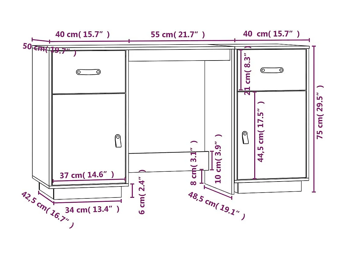 Bureau avec armoires Blanc 135x50x75 cm Bois massif de pin
