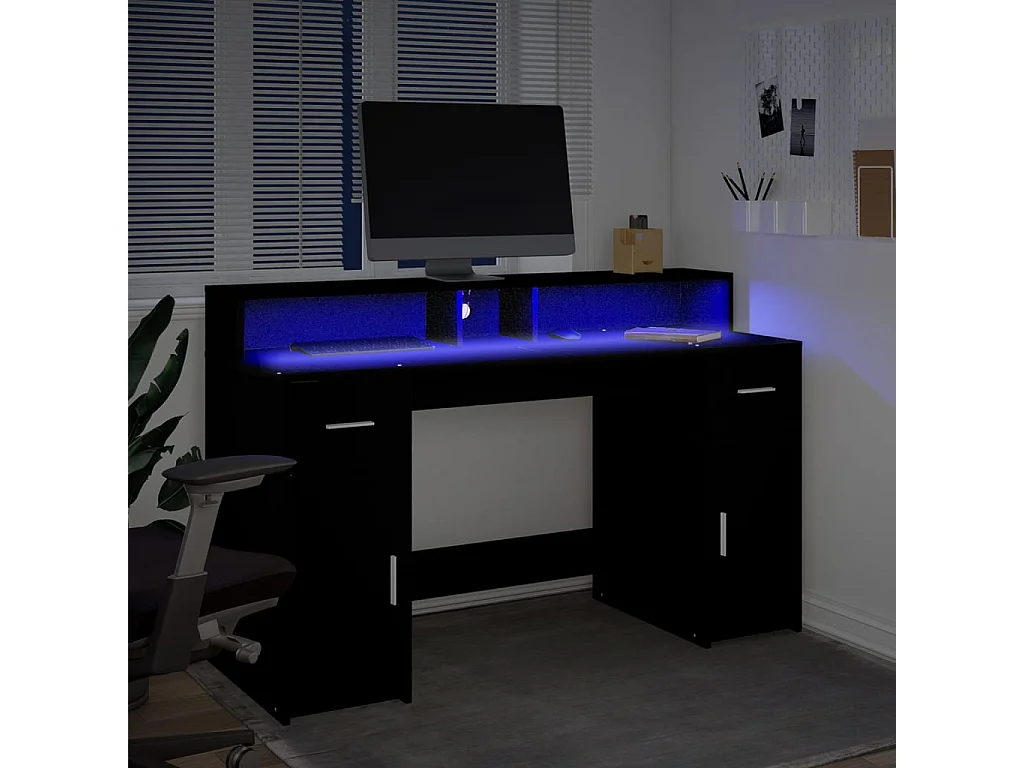 Bureau met LED-verlichting 140x55x91 cm bewerkt hout zwart