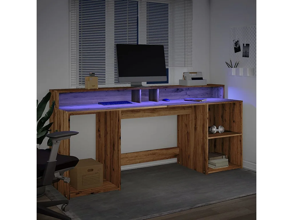 Bureau avec lumières LED chêne artisanal bois d'ingénierie