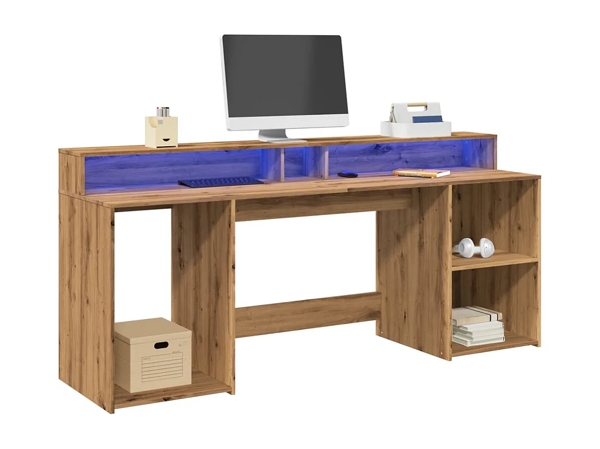 Bureau avec lumières LED chêne artisanal bois d'ingénierie