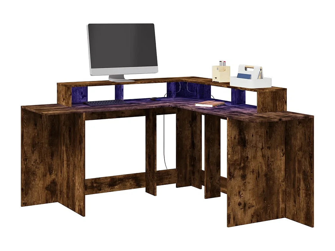 Bureau et lumières LED chêne fumé 152x152x91cm bois ingénierie
