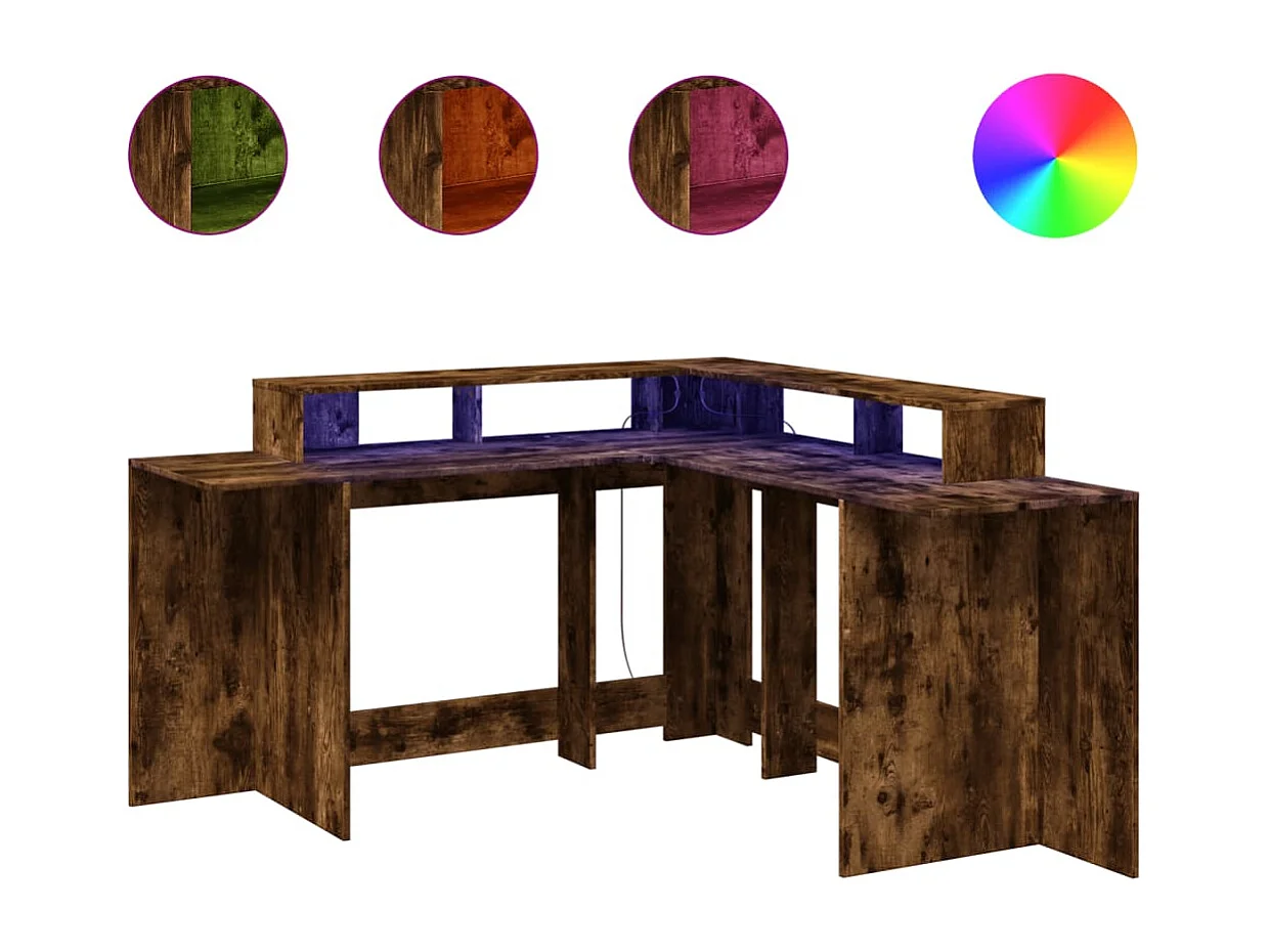 Bureau et lumières LED chêne fumé 152x152x91cm bois ingénierie