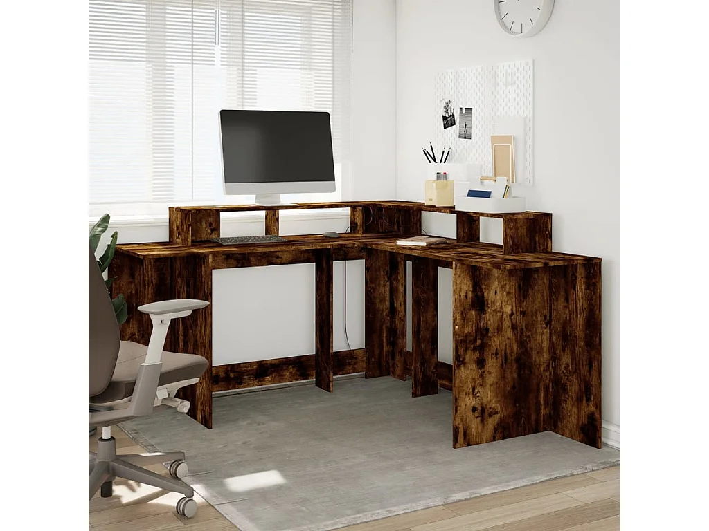 Bureau et lumières LED chêne fumé 152x152x91cm bois ingénierie