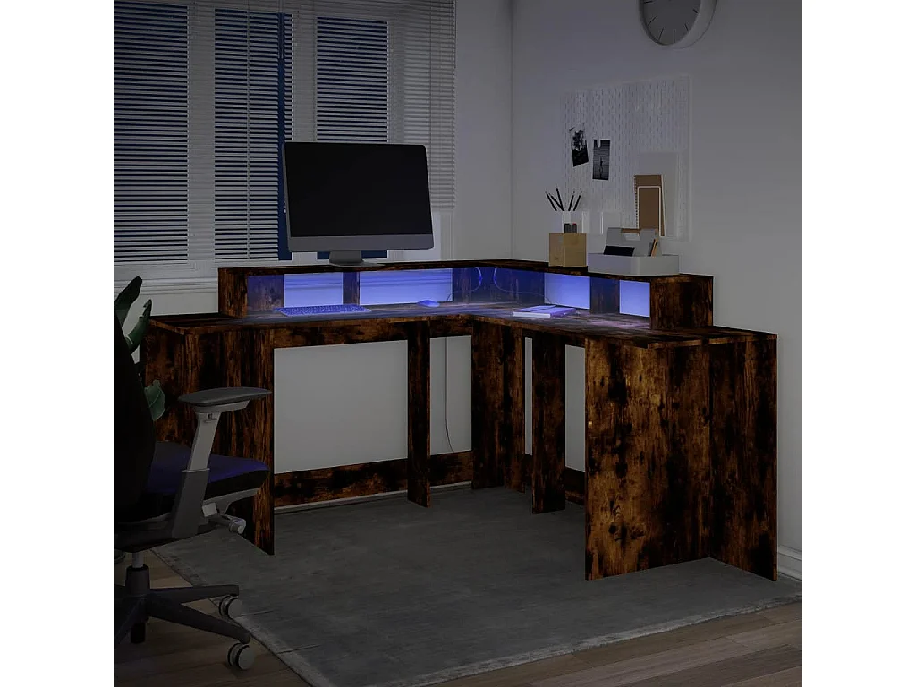 Bureau et lumières LED chêne fumé 152x152x91cm bois ingénierie