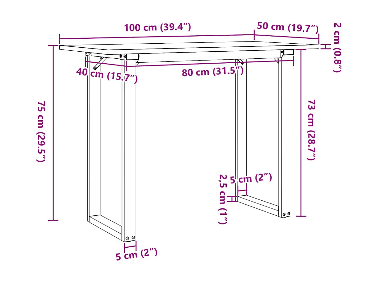 Mesa de jantar estrutura em O 100x50x75cm pinho e ferro fundido