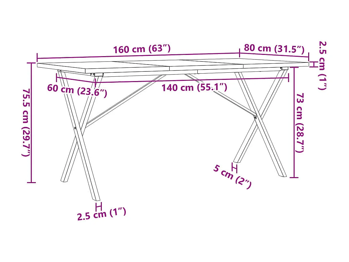 Table à manger cadre en X 160x80x75,5 cm bois pin massif acier