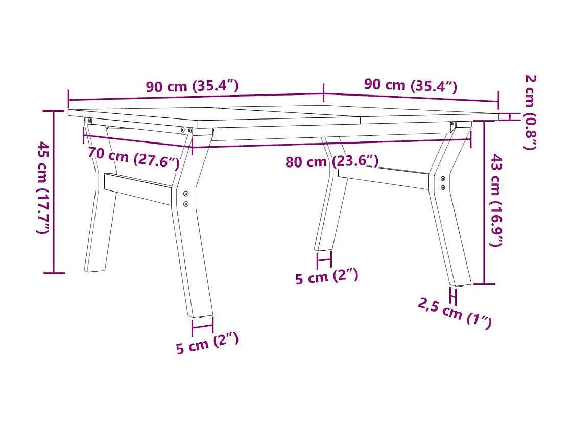 Mesa de centro estrutura em Y 90x90x45 cm pinho e ferro fundido