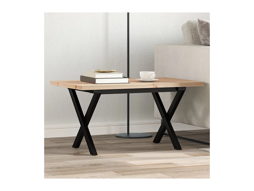 Table basse cadre en X 80x50x40,5cm bois de pin massif et acier