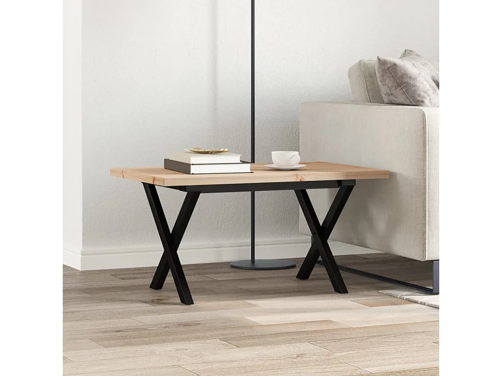 Table basse cadre en X 80x50x40,5cm bois de pin massif et acier