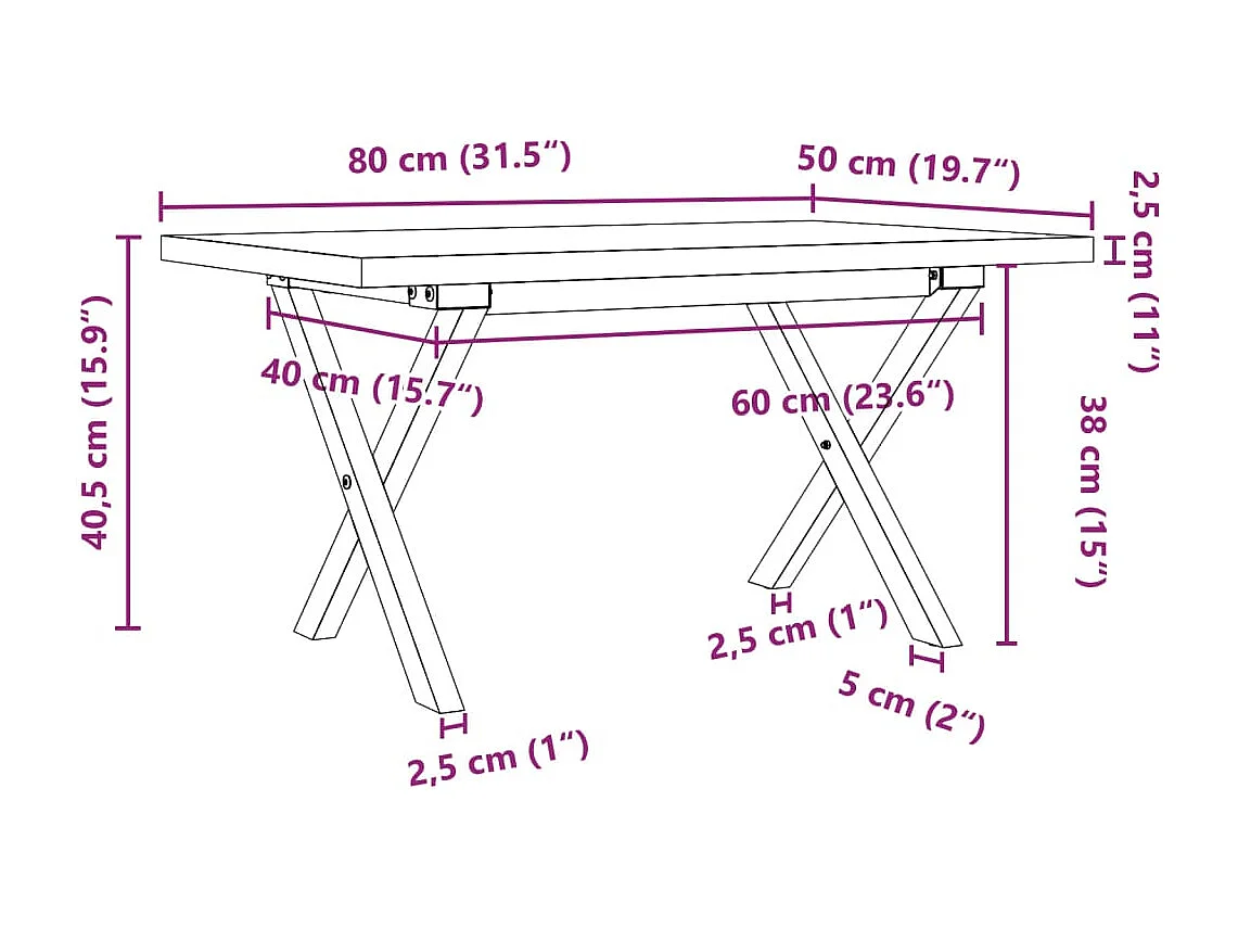 Table basse cadre en X 80x50x40,5cm bois de pin massif et acier
