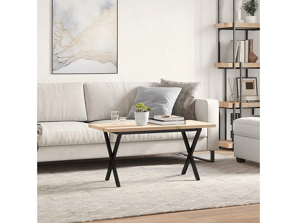 Table basse cadre en X 90x40x45,5cm bois de pin massif et acier