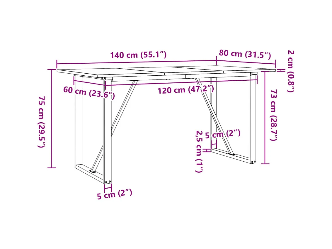 Table à manger cadre en O 140x80x75 cm bois de pin massif acier
