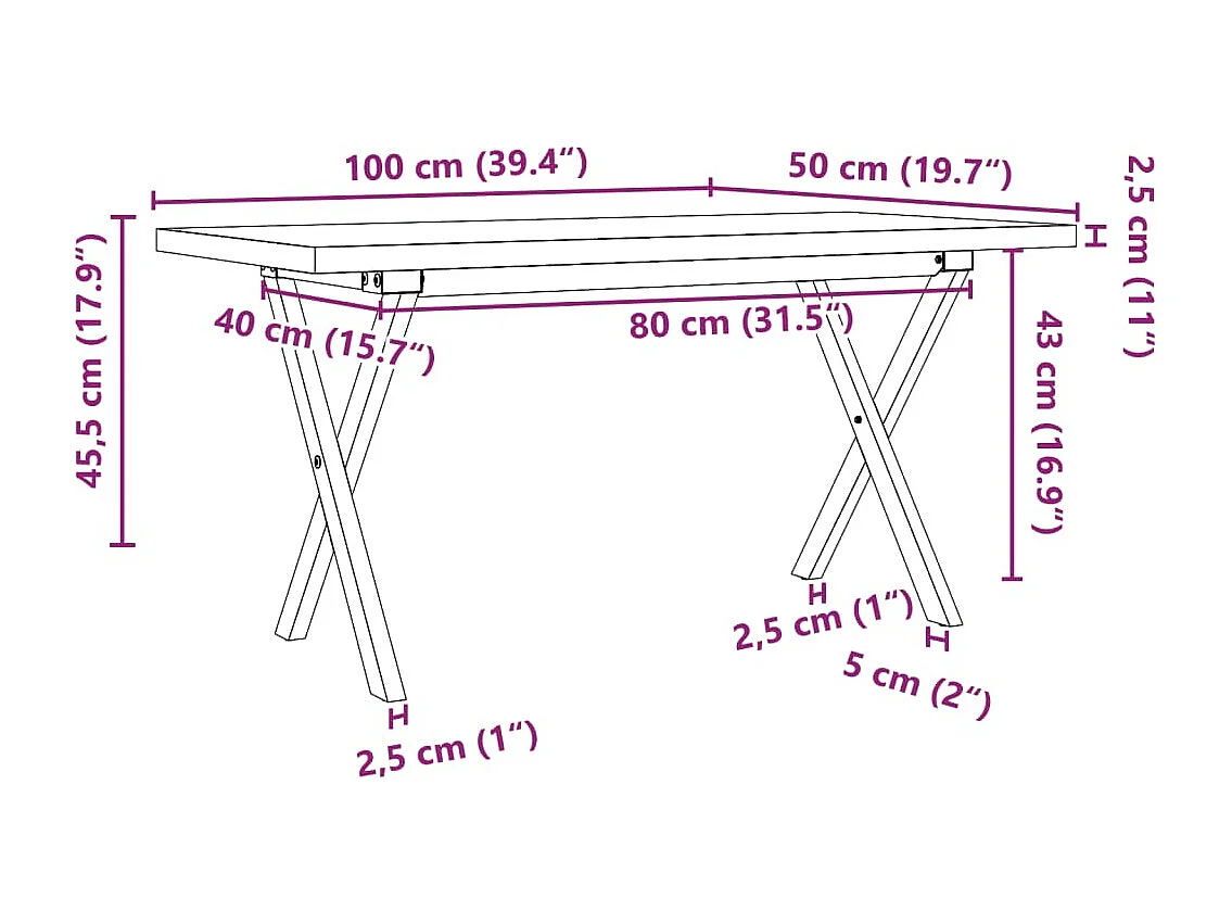 Table basse cadre en X 100x50x45,5 cm bois de pin massif acier
