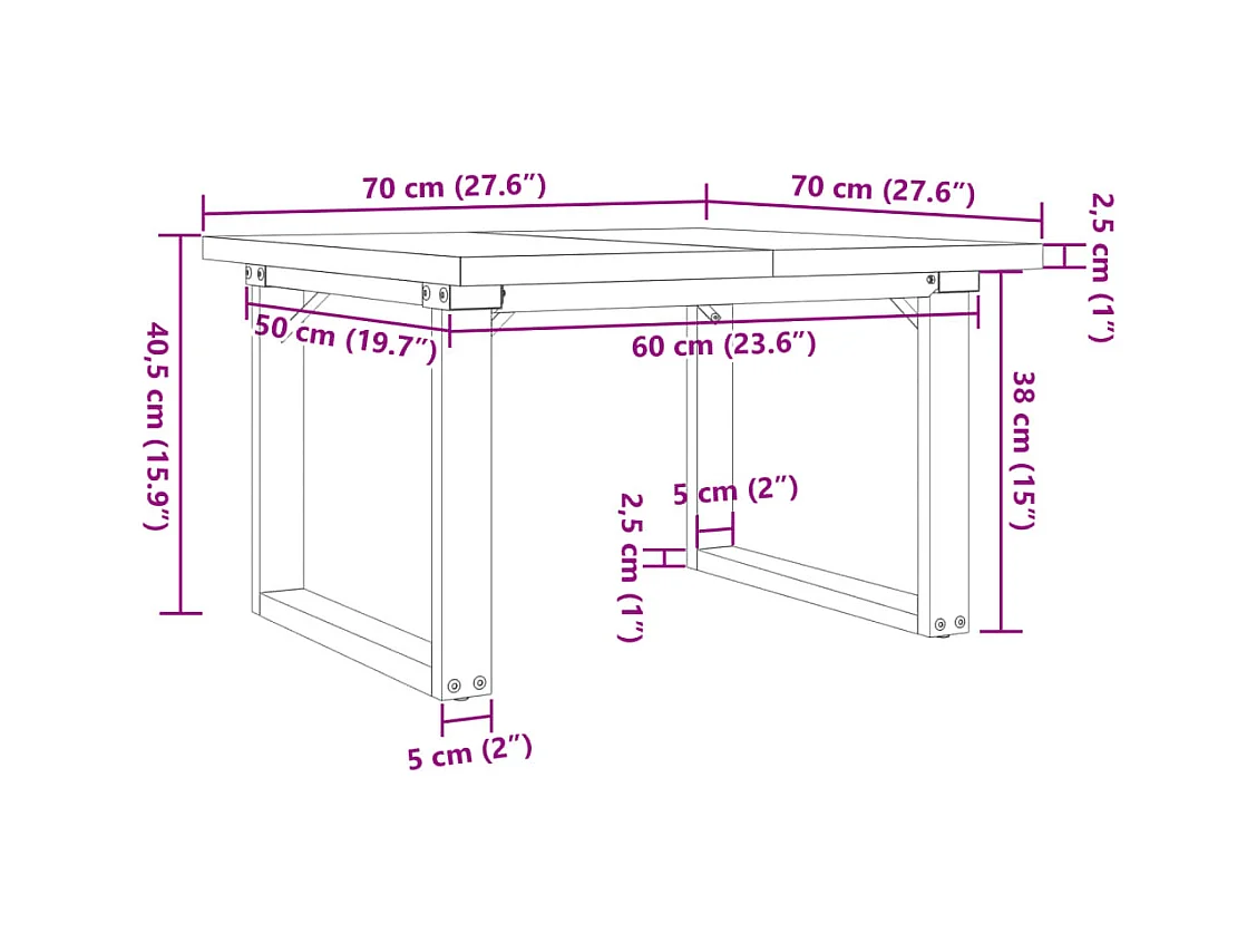 Table basse cadre en O 70x70x40,5cm bois de pin massif et acier