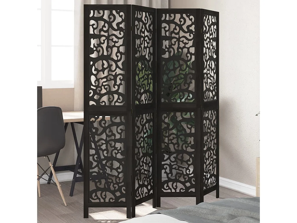 Cloison de séparation 4 panneaux noir bois de paulownia massif