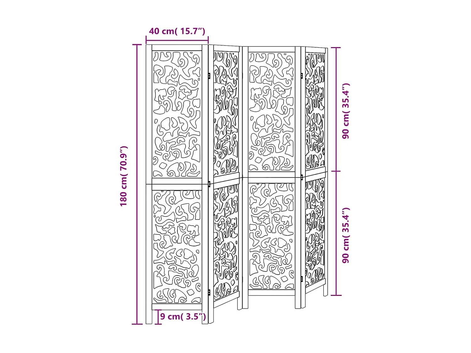 Cloison de séparation 4 panneaux noir bois de paulownia massif