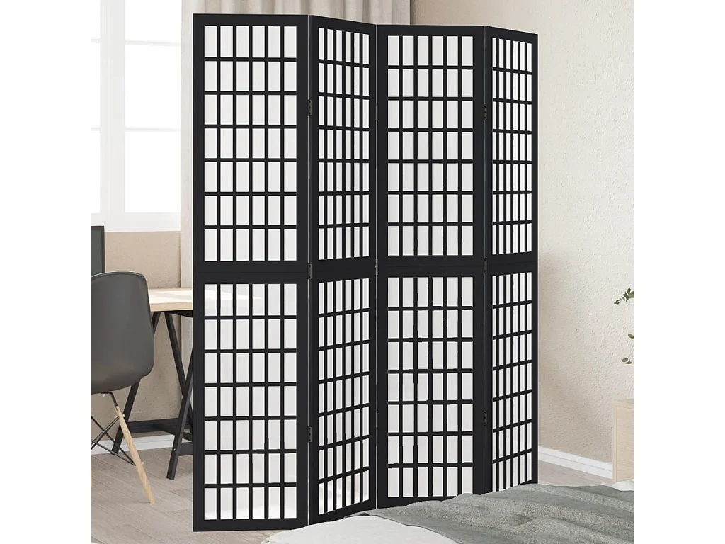 Cloison de séparation 4 panneaux noir bois de paulownia massif