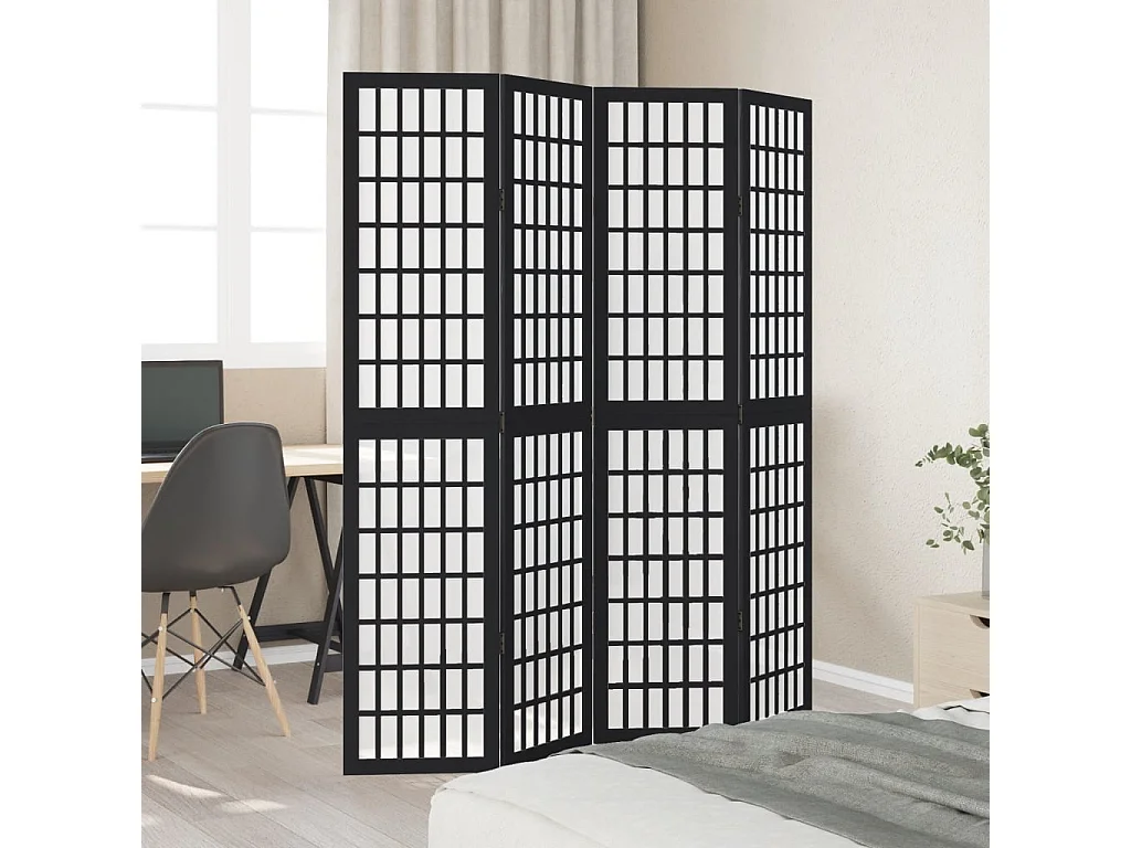 Cloison de séparation 4 panneaux noir bois de paulownia massif