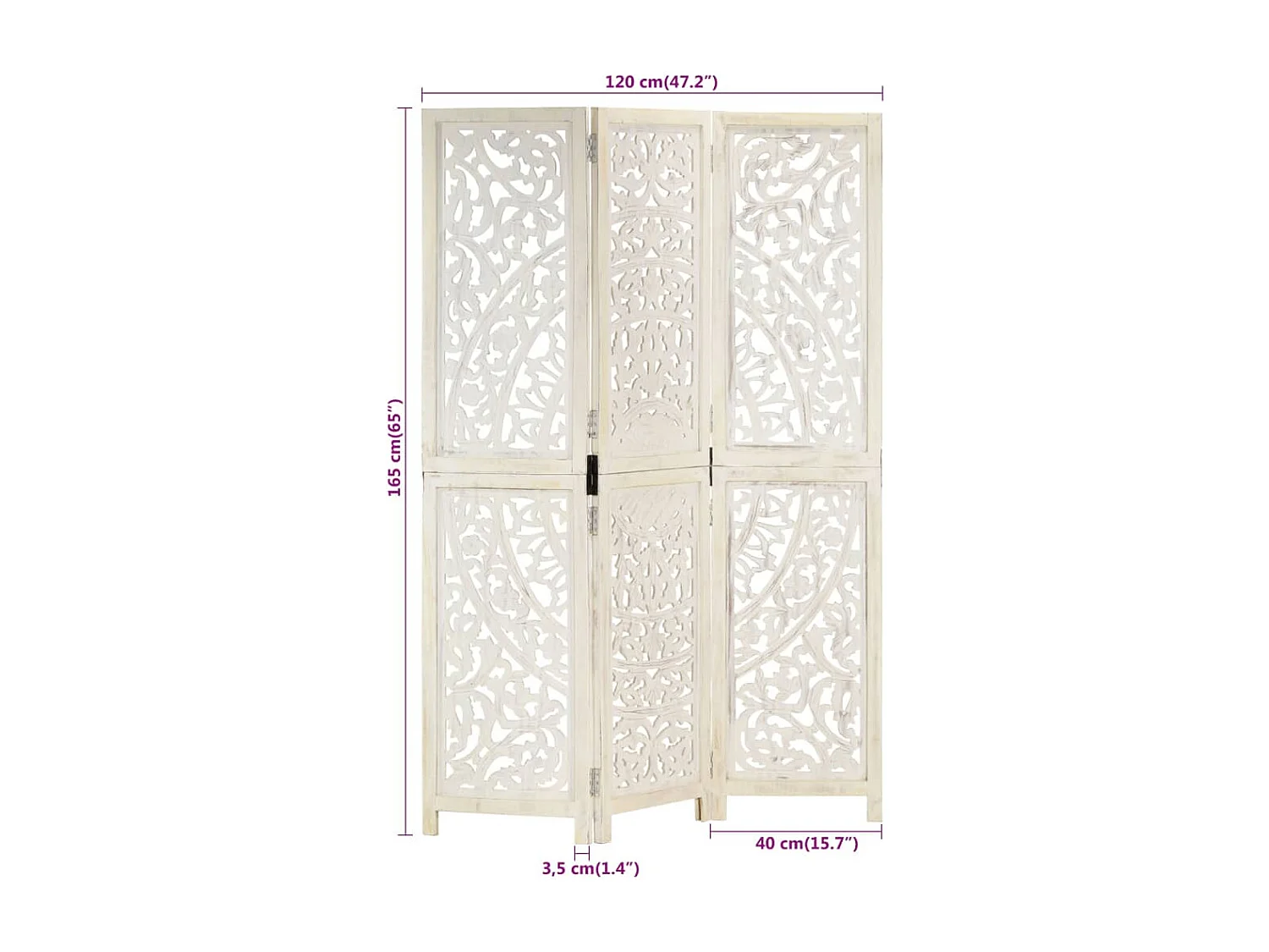 Parete divisoria 3 pannelli Bianco 120x165 cm Legno di mango