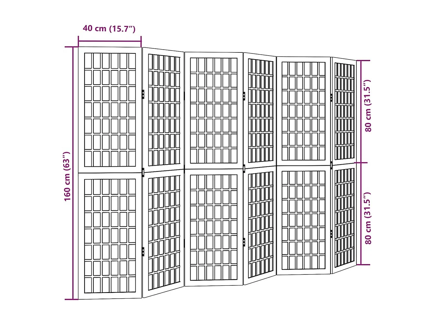 6-teilige schwarze Trennwand aus massivem Paulownia-Holz