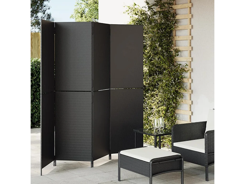 Parete divisoria in resina intrecciata nera a 4 pannelli
