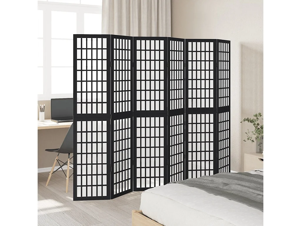 Cloison de séparation 6 panneaux noir bois de paulownia massif