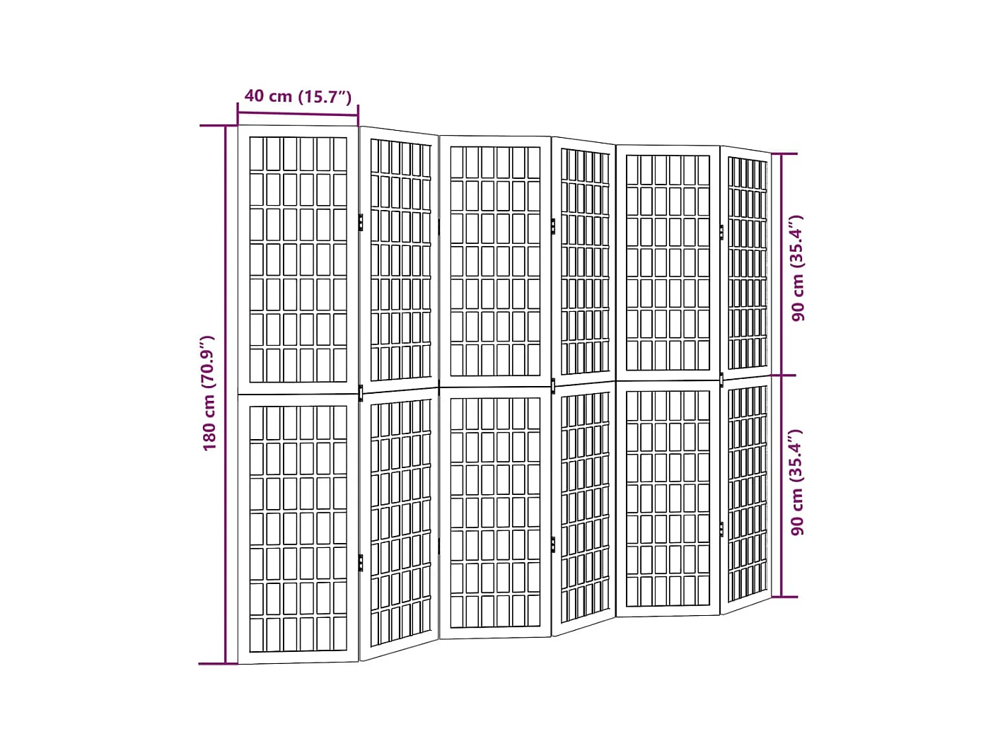 Cloison de séparation 6 panneaux noir bois de paulownia massif