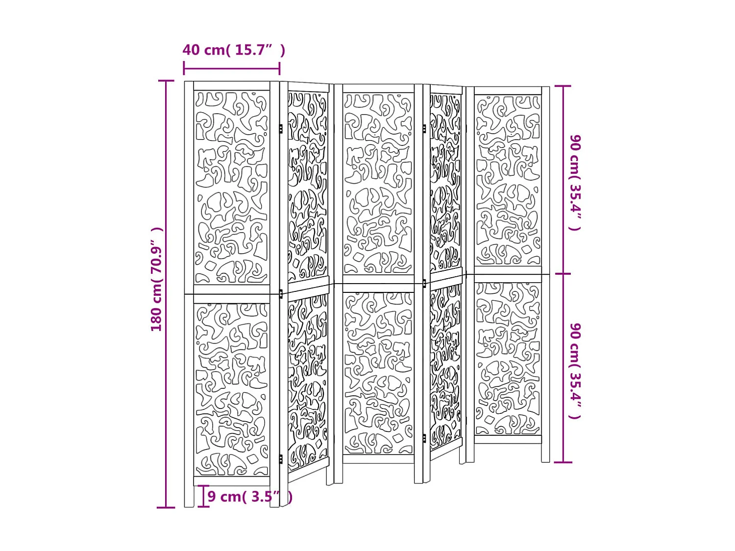 Parede divisória 5 painéis madeira paulownia maciça branca