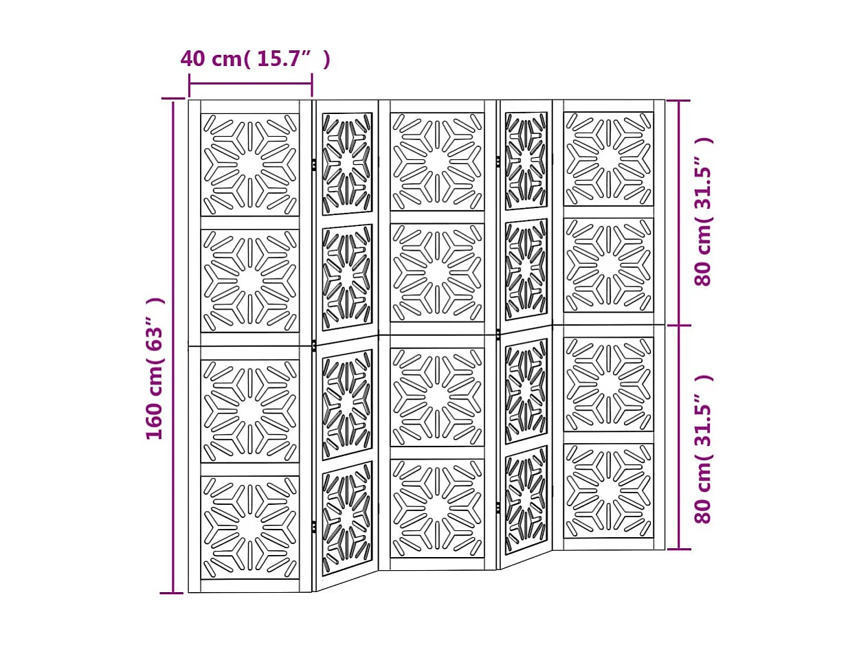 Parete divisoria 5 pannelli in paulownia massiccia marrone nero