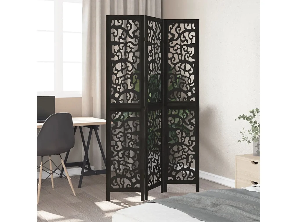 3-teilige schwarze Trennwand aus massivem Paulownia-Holz