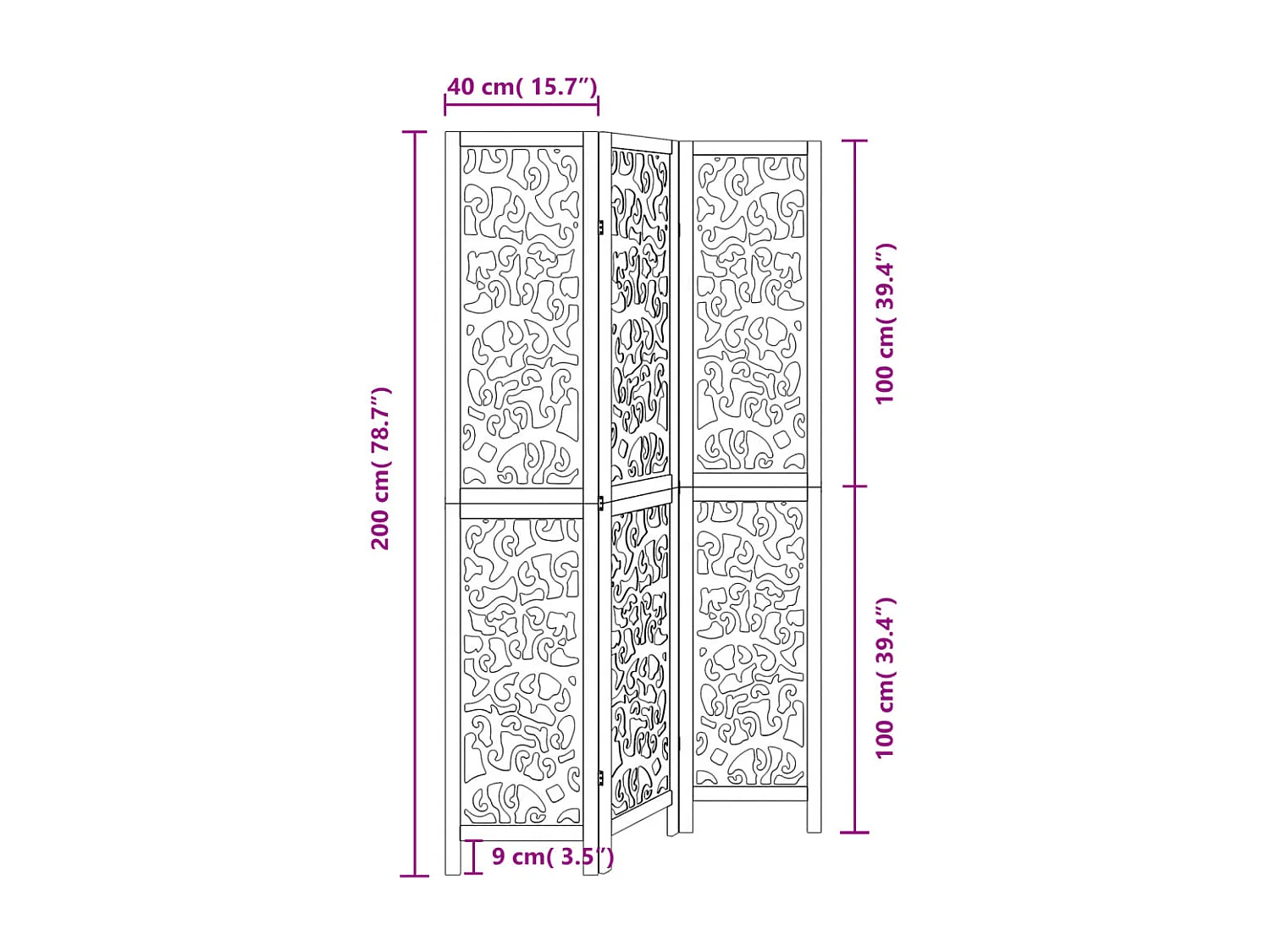 3-teilige schwarze Trennwand aus massivem Paulownia-Holz