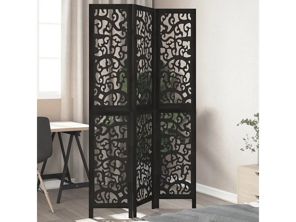 Parete divisoria nera a 3 pannelli in legno massello di paulownia