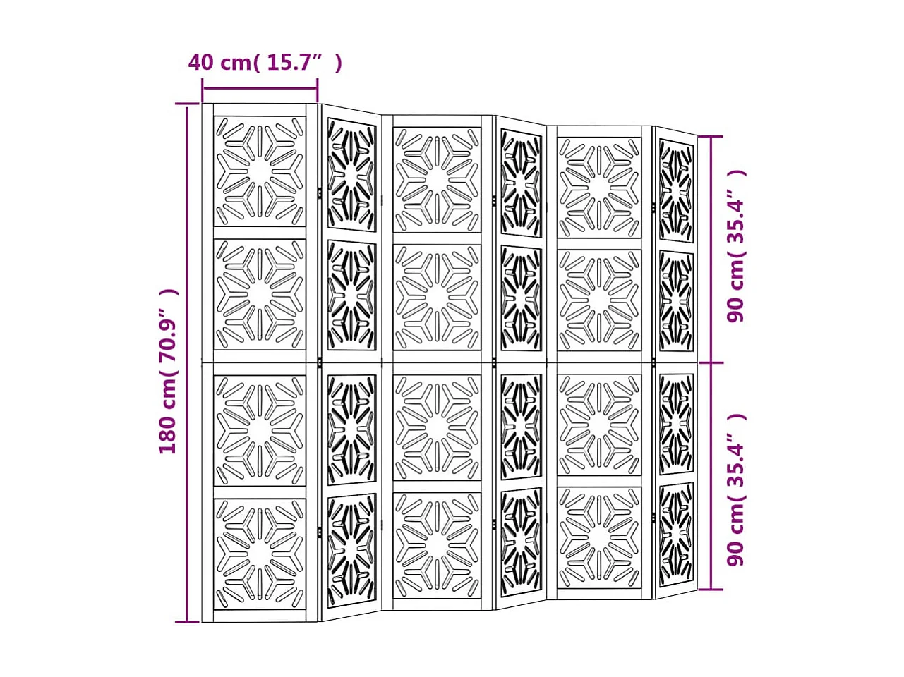 Parete divisoria 6 pannelli in paulownia massiccia marrone nero
