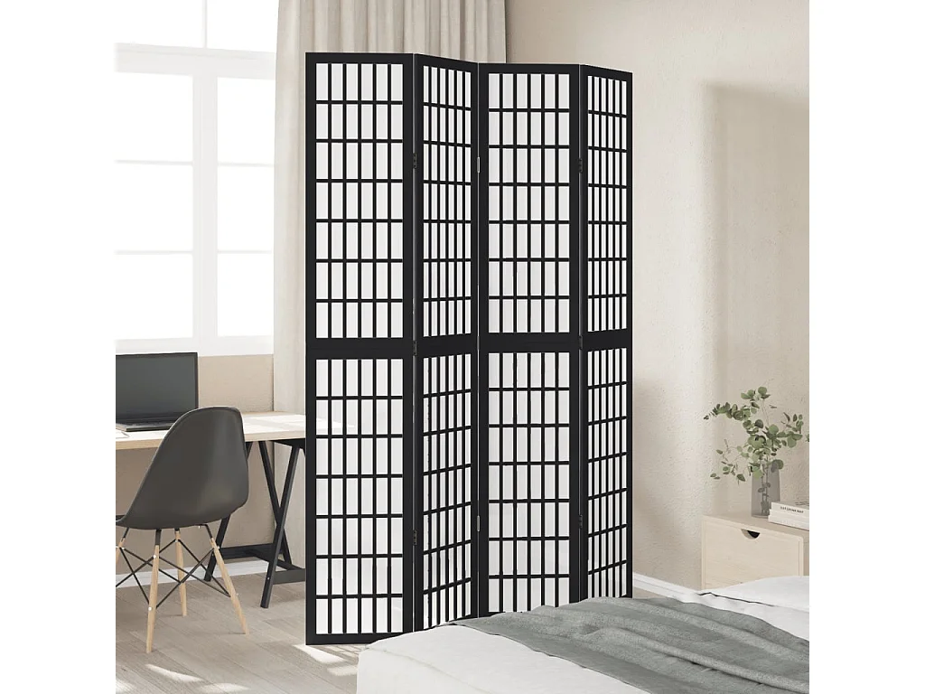 Parete divisoria nera a 4 pannelli in legno massello di paulownia