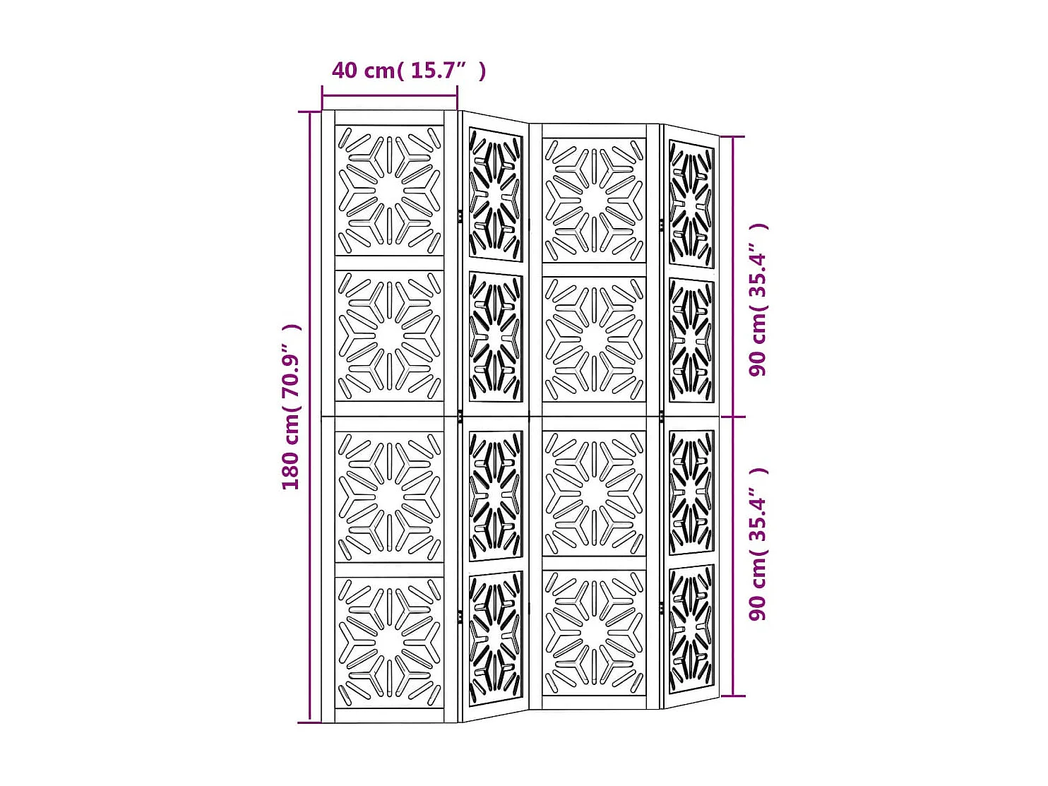 Parede divisória 4 painéis marrom preto sólido paulownia