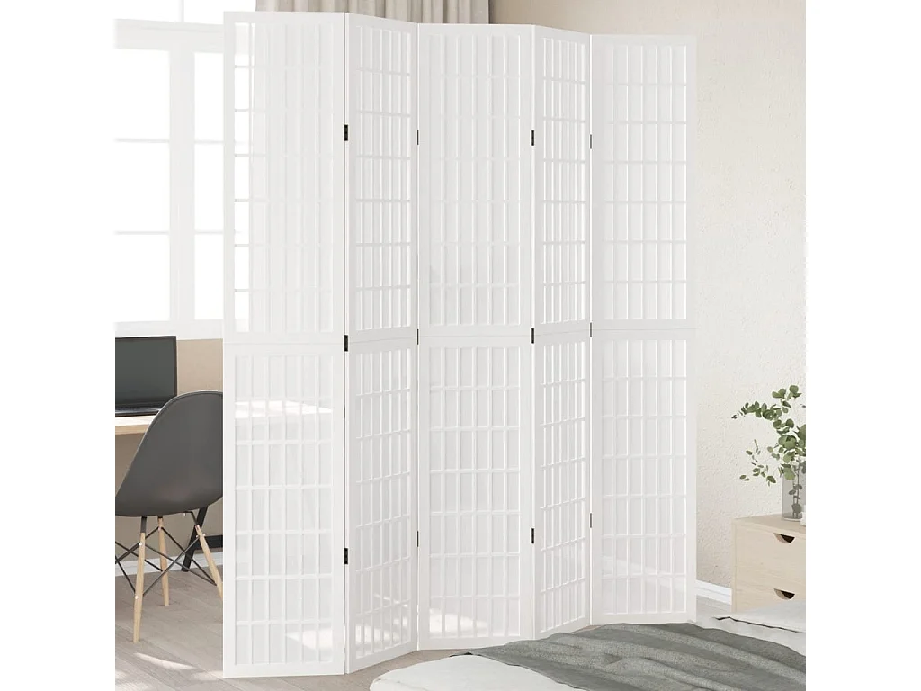 Cloison de séparation 5 panneaux blanc bois de paulownia massif