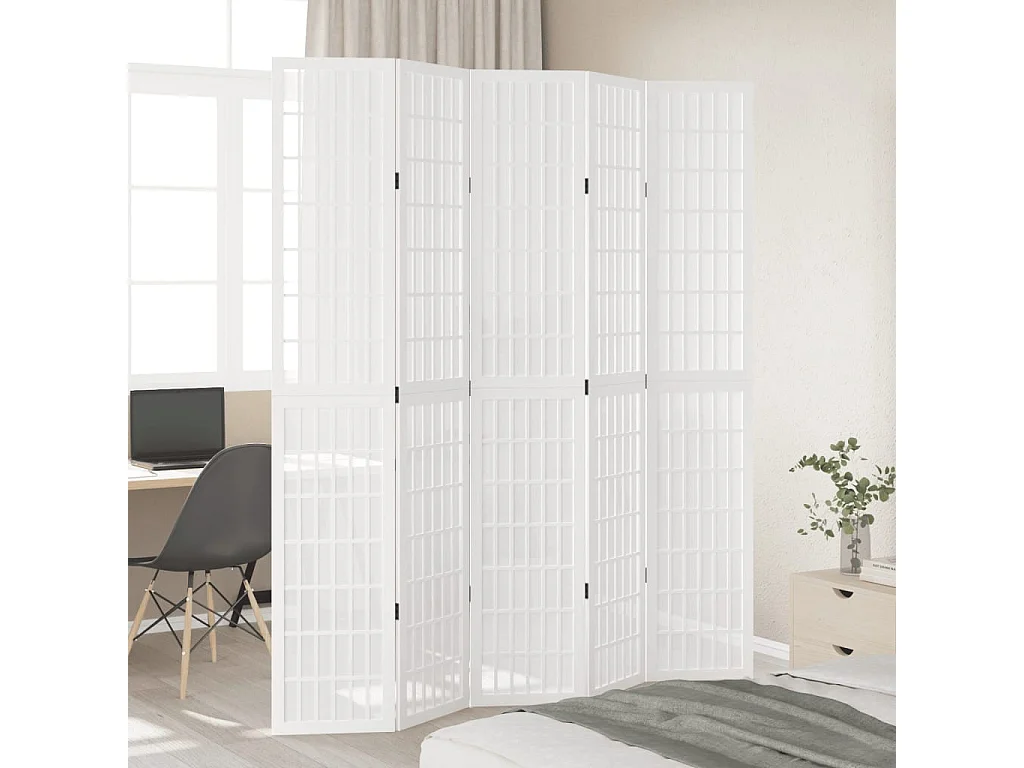 Cloison de séparation 5 panneaux blanc bois de paulownia massif