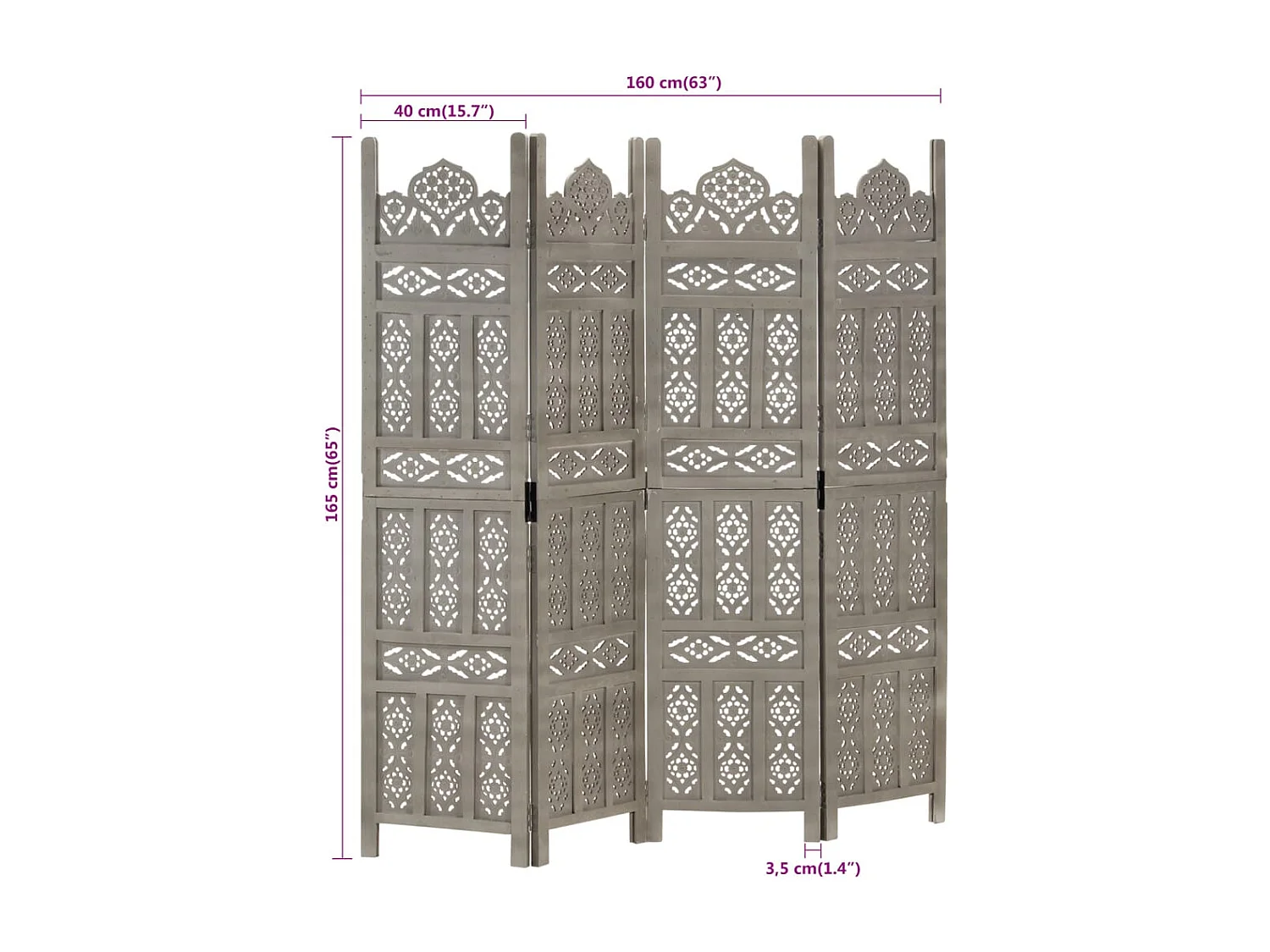 Cloison de séparation 4 panneaux Gris 160x165 cm Bois manguier