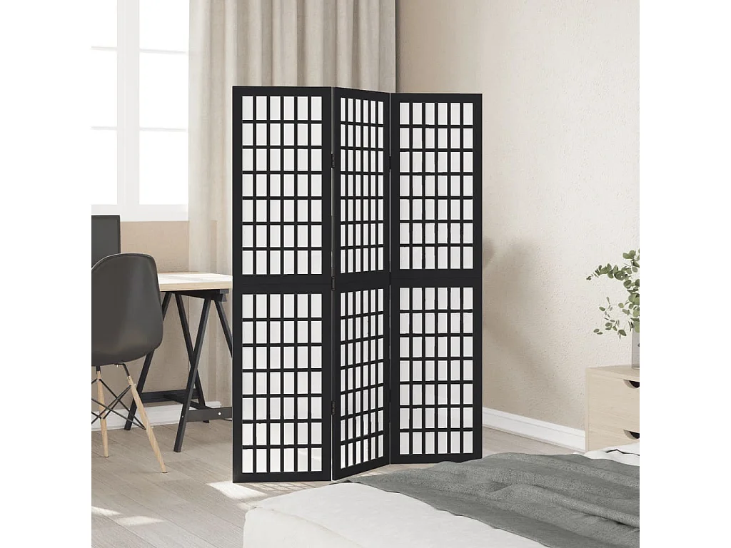 Divisória preta com 3 painéis em madeira maciça de paulownia